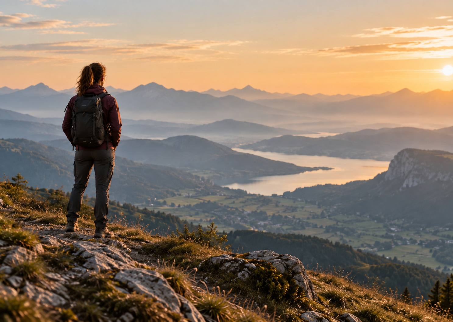 Femme de dos observant un paysage alpin au soleil couchant